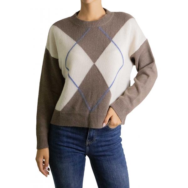 Maglione con rombi bicolore girocollo misto cashmere